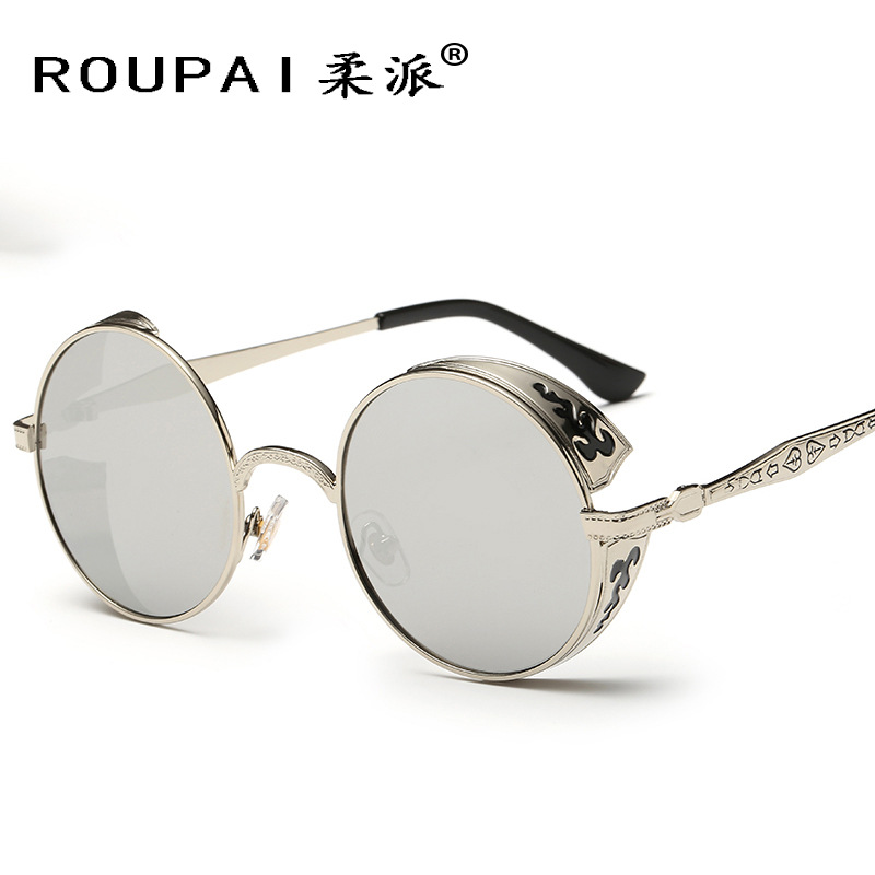 Gafas de Sol Retro Redondas al por Mayor de Fábrica, Gafas de Príncipe con Patrón Grabado, Gafas de Sol Reflectantes 881, Venta Directa