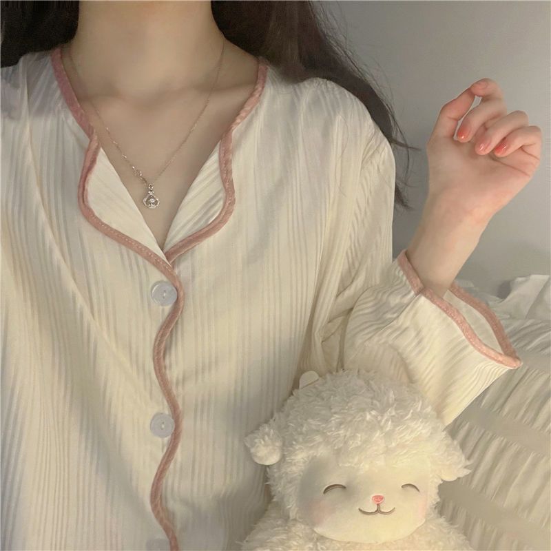 여성을위한 간단한 긴팔 바지 잠옷 봄, 가을 한국 스타일 소녀 단색 달콤한 카디건 홈웨어 세트