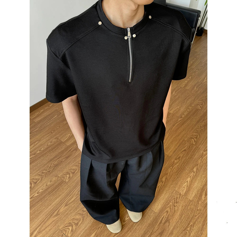 300g Large Size T-Shirt for Men and Women, Heavyweight Space Cotton Short-Sleeve Men's Summer Casual Versatile American-Style Half-Zip T-Shirt with Patchwork