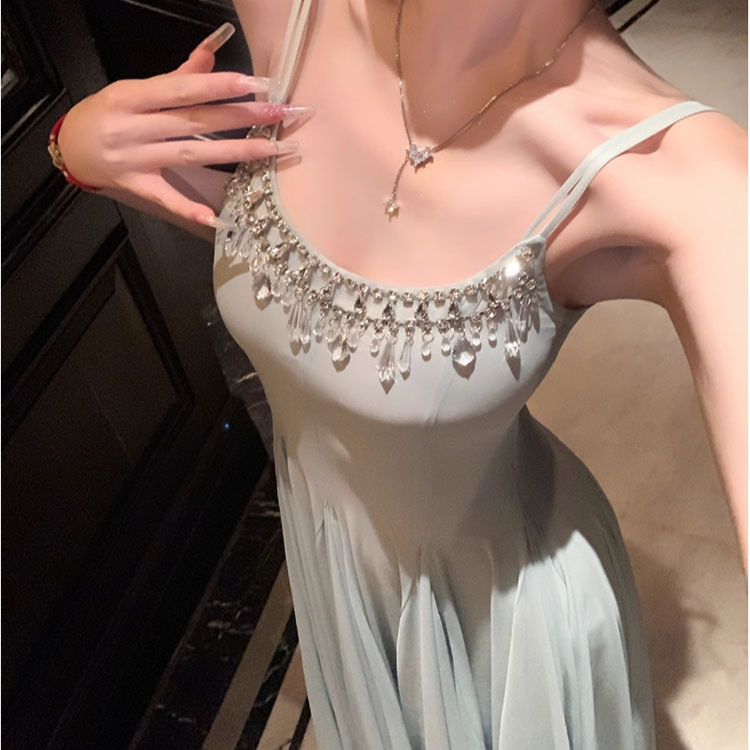 Summer Big Female Master Slim Fit Super Fairy Crystal Diamond Chain Mesh Large Sling Sling Long Dress