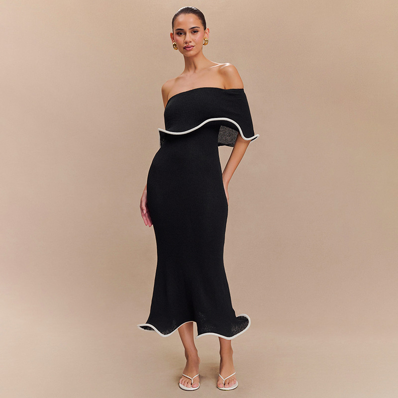 Women Clothing Summer Contrast Color Ruffled off the Shoulder Tube Top Backless Sheath Sexy Dress