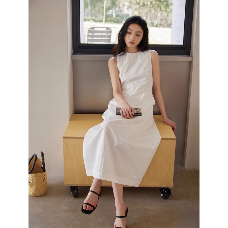 GINNKEE French Style Sleeveless White dress Women's Summer Stitching Waisted Black Certificate Vests Dress Flower Bud Long Dress