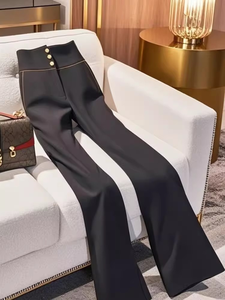 Black Women's High-waisted Straight Leg Trousers Flared Design_voghion.com