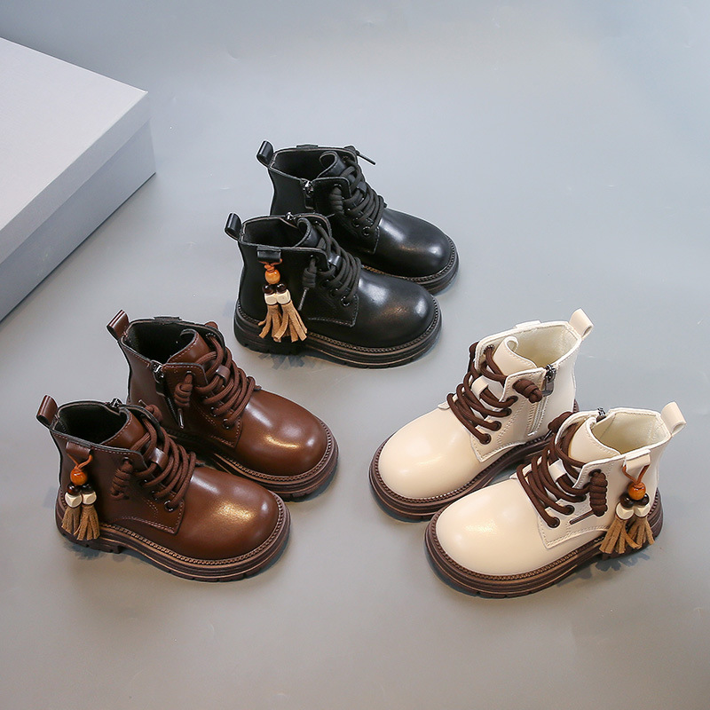 Children's British Style Boots 2025 Spring & Fall Popular Pure Color Boys' Leather Short Boots Fashionable Baby Girl's Shoes