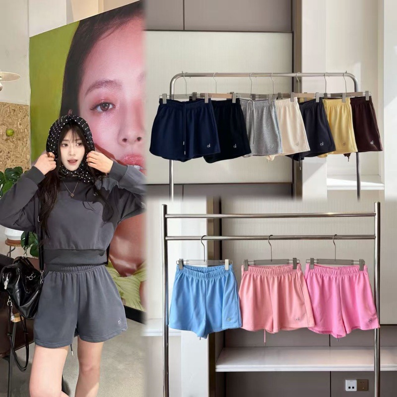 夏秋季女款毛圈AL*亮标高腰宽松休闲百搭三分裤短裤A字纯色针织裤
