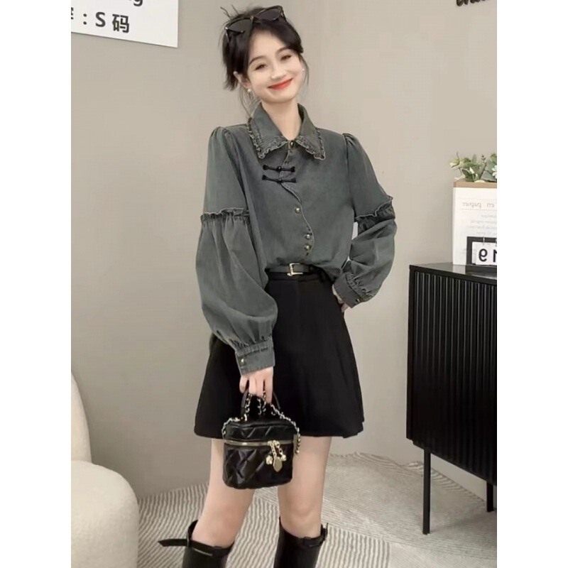 Huilman new Chinese style Denim shirt vest two-piece suit women's 2024 spring new national style retro Top