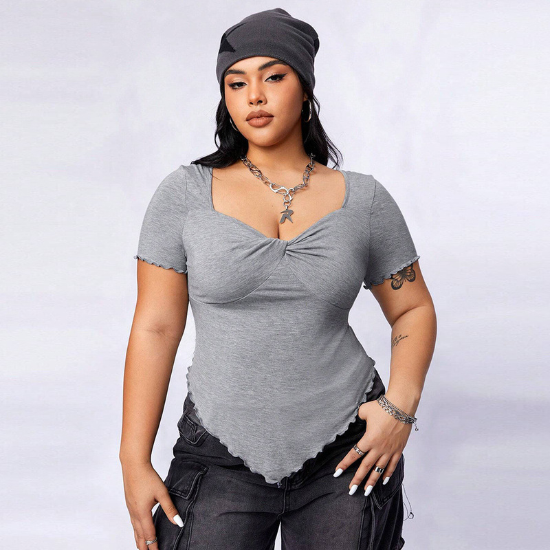 European and American Plus-Size Women's Clothing Cross-Border 2026Shein Square-Neck Slim-Fit Irregular Knitted Short-Sleeve T-Shirt Top