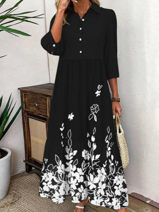 In-Stock 2025 European and American Women's Fashion Amazon Digital Print Button-Up Shirt Collar Three-Quarter Sleeve Dress Long Dress