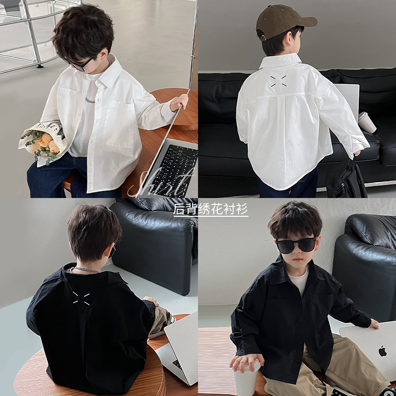 Camisa para niños 2023 niños otoño fresco nuevo estilo coreano color sólido bebé abrigo estilo occidental bordado camisa de solapa para niños