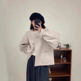 2025秋冬新款双面羊毛大衣女宽松圆领短款小香风小个子毛呢外套绒