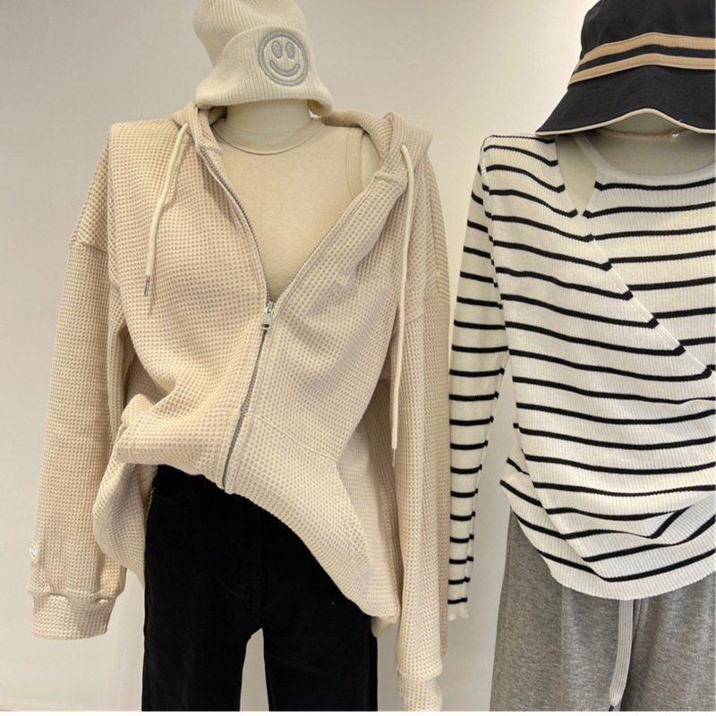 Waffle Hooded Sweatshirt for Women, New Spring and Autumn Style, Bf Lazy Style Cardigan, Thin Zip-Up Loose Fit Slimming Top Jacket