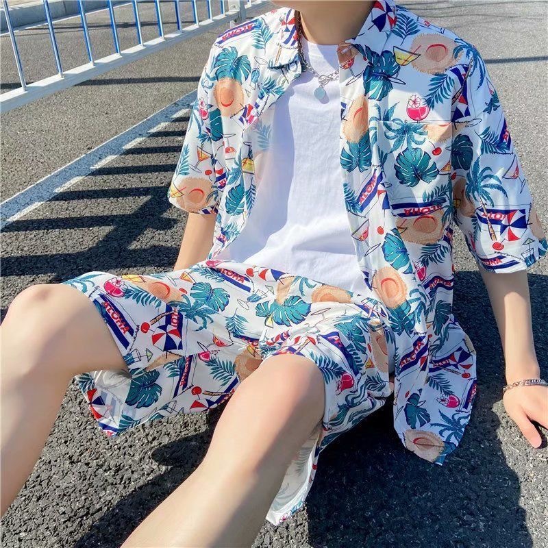 하와이 꽃 셔츠 비치 세트 남자 여름 얇은 싼야 여행 커플 해변 휴가 여행 착용