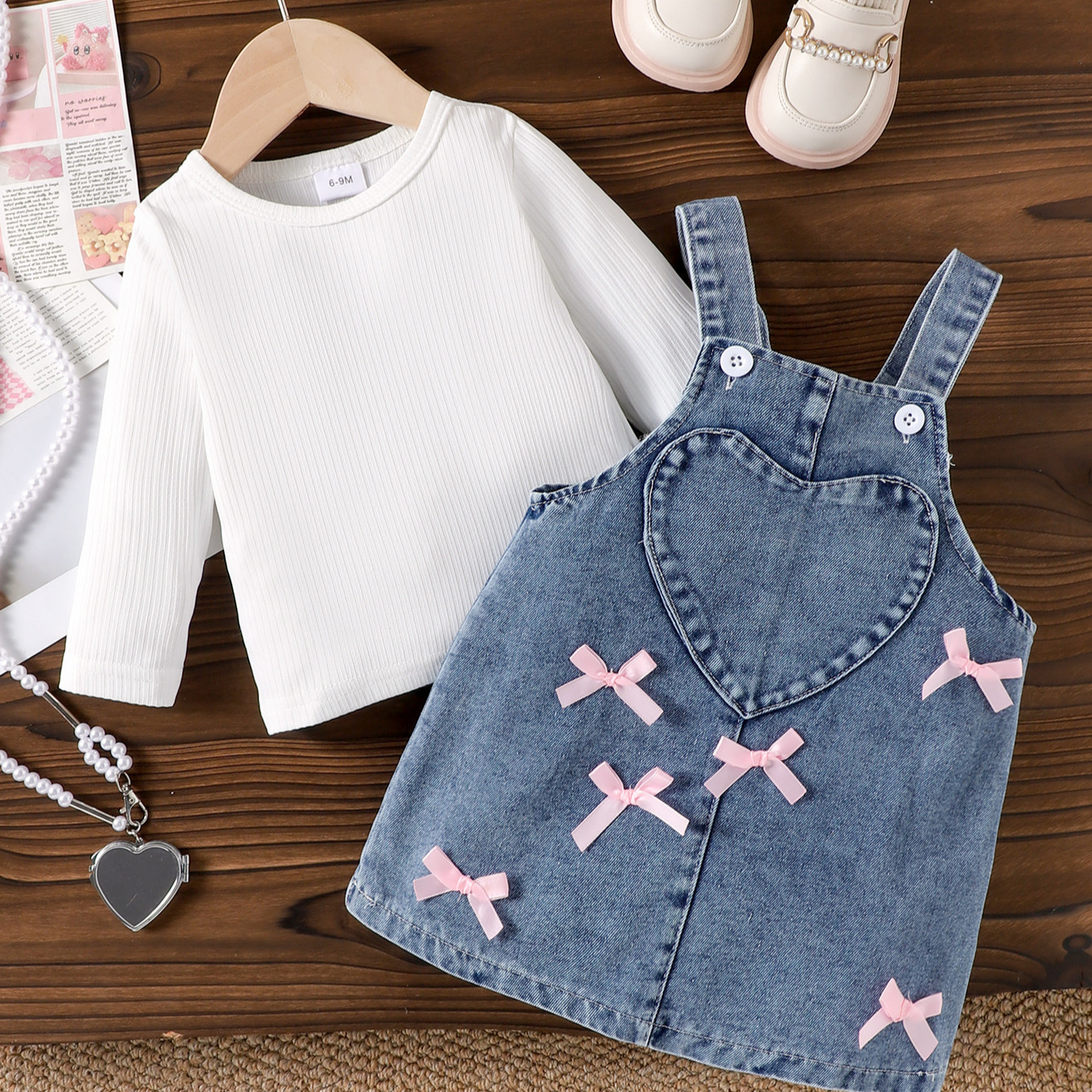 Spring Autumn Ribbed Long Sleeve Cute Bow Denim Set Toddler Girls Overall Dress Two Pieces_voghion.com