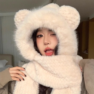 Hat Women's 2025 New Scarf All-In-One Summer Season Bear Stuffed Cute Gloves Three-Piece Set Warm Accessories