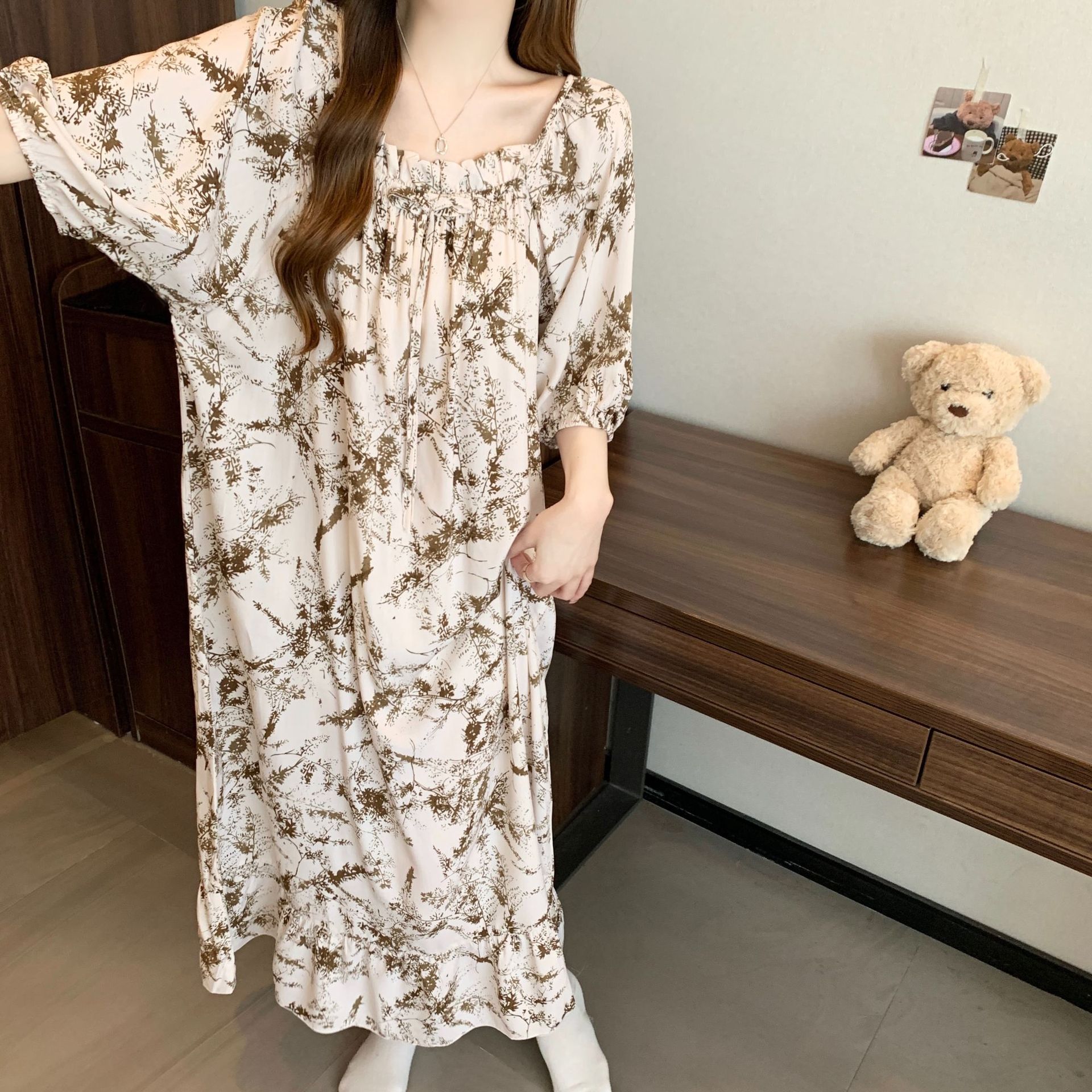 Yaoting pijamas de verano mujeres primavera y otoño encantador impresión suelta vestido larga larga larga ropa de hogar de mangas cortas HDF5291