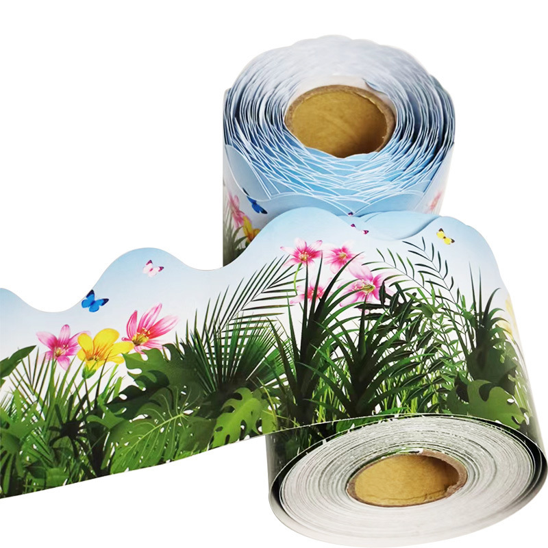 跨境厂家棕榈叶黑板边框纸彩色防水个性波浪公告栏边框装饰纸