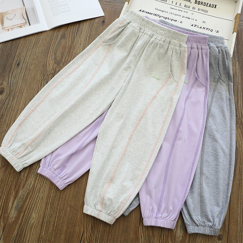 Girls' Summer Thin Soft Anti-Mosquito Pants, Smooth and Cool Ice Silk Jogger Pants for Children, Casual Long Pants for Older Kids