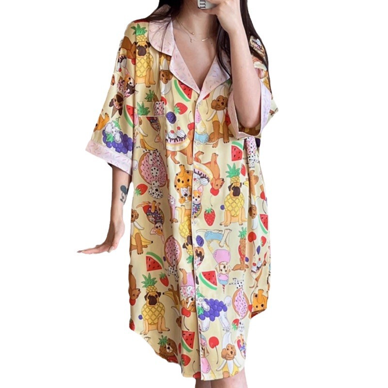 Pijama de seda de verano mujer dulce dulce dibujos animados textura de alta calidad pijama casero acento de cabello