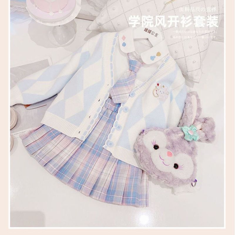 (2개) 여자 교복 세트 봄 신작 아동 봄, 가을 대학 스타일 니트 가디건 플리츠 스커트 3 피스 세트