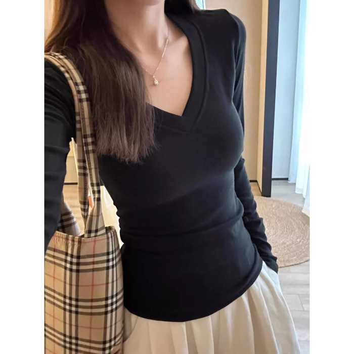 Derong V Neck Right Shoulder Long-Sleeved T-Shirt for Women in Autumn and Winter with Bottoming Shirt Slimming Look Brushed Thickeneded Top to Heattech