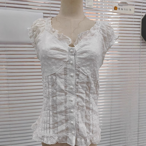French girl lace slim short-sleeved T-shirt 2024 cross-border new V-neck breasted body shaping hot girl top for women