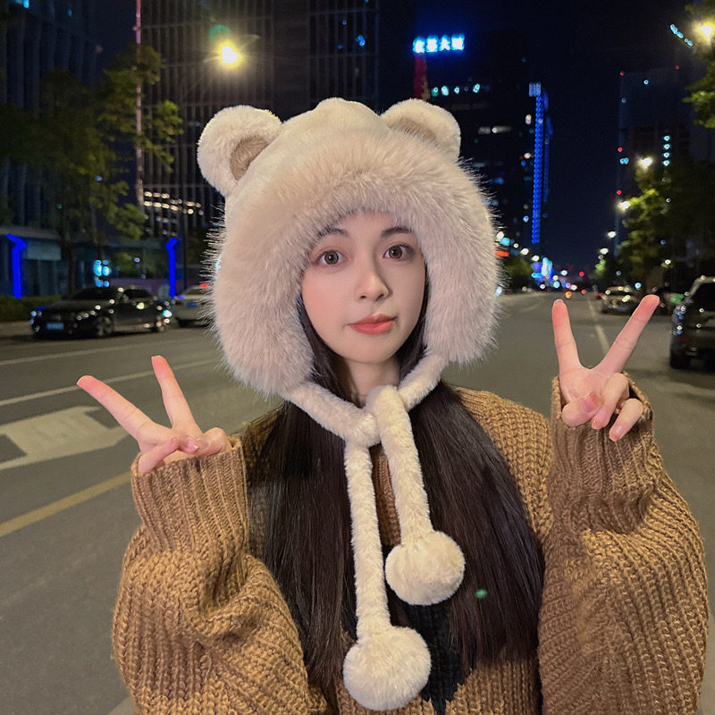 ぬいぐるみクマの帽子女性のための秋と冬 2025 新しいかわいい顔が見える小さな防風暖かい耳保護多用途プルオーバー帽子