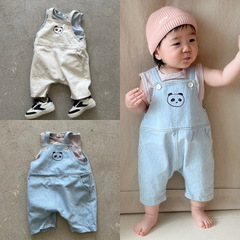 韓版ins男女嬰童寶寶卡通寬鬆背帶褲連體衣+圓領條紋無袖T恤背心