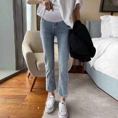 孕妇牛仔裤2021年春款新款直筒开衩烟管裤显瘦时尚孕妇裤子