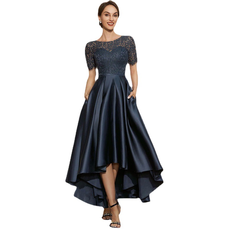 Comercio exterior de Europa y América Amazon AliExpress deseo azul marino satén vestido de bola cuello redondo encaje manga corta vestido de noche