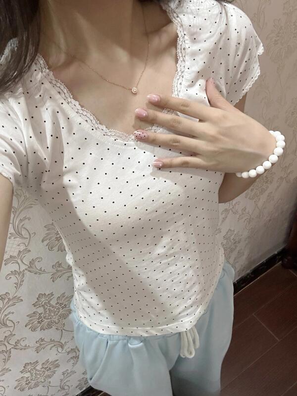 [260g Rayon Modal] Polka DoT ShorT-sleeved T-shirT Women's Lace ShorT BoTToming ShirT Slim Top
