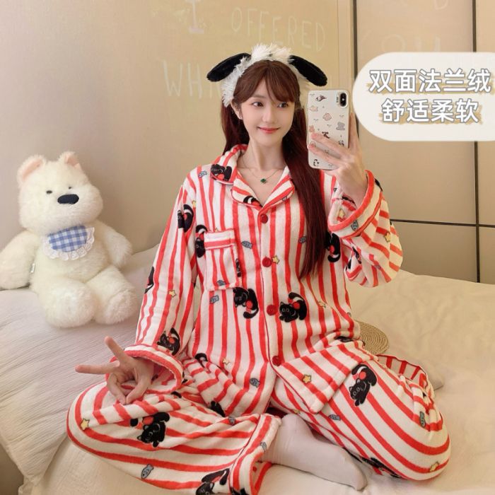 Invierno mayorista transfronterizo de terciopelo engrosado cardigan coral terciopelo franela pijamas de mangas largas de mujer set de ropa para el hogar