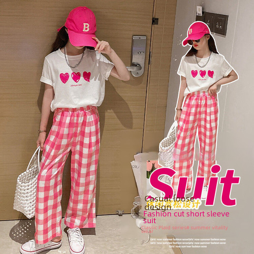 Girls' Summer Short Sleeve Set 2024 New Korean Style Medium and Large Children Fashion Pants Sports Suit Two-Piece Trendy