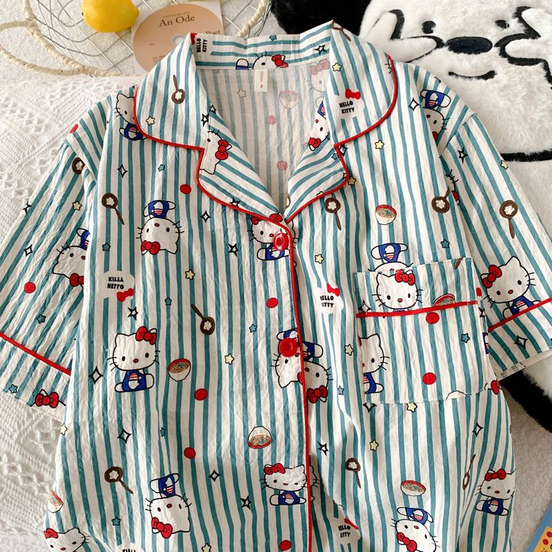 Nube de algodón pijama de niñas impresión de dibujos animados pantalones cortos de manga corta de dos piezas sueltos grandes vestidos para el hogar