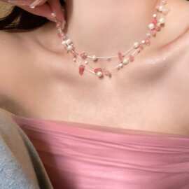 新款粉色叠戴碎钻珍珠项链小众设计清冷感甜美少女时尚百搭锁骨链
