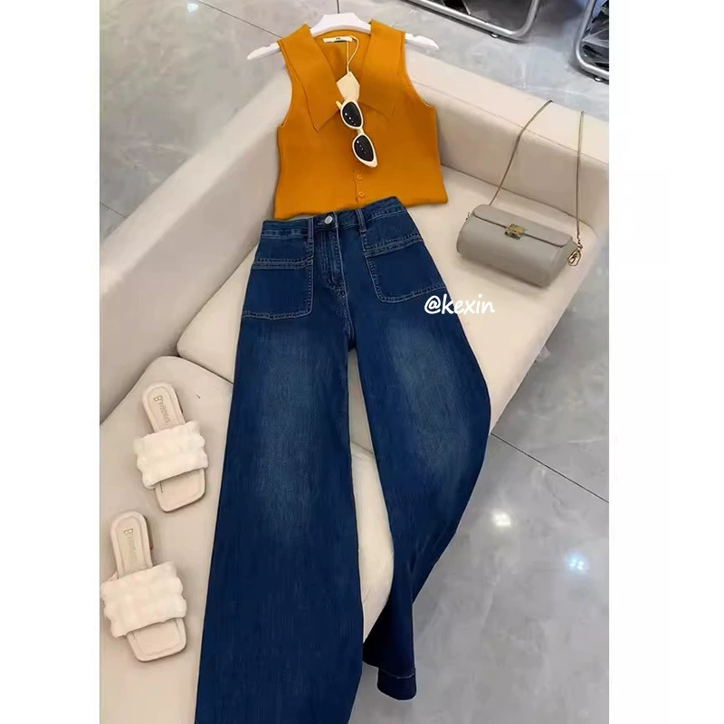Популярный в этом году набор 2025 новых маленьких ароматных ретро трикотажных топов джинсовые широкие брюки из двух частей