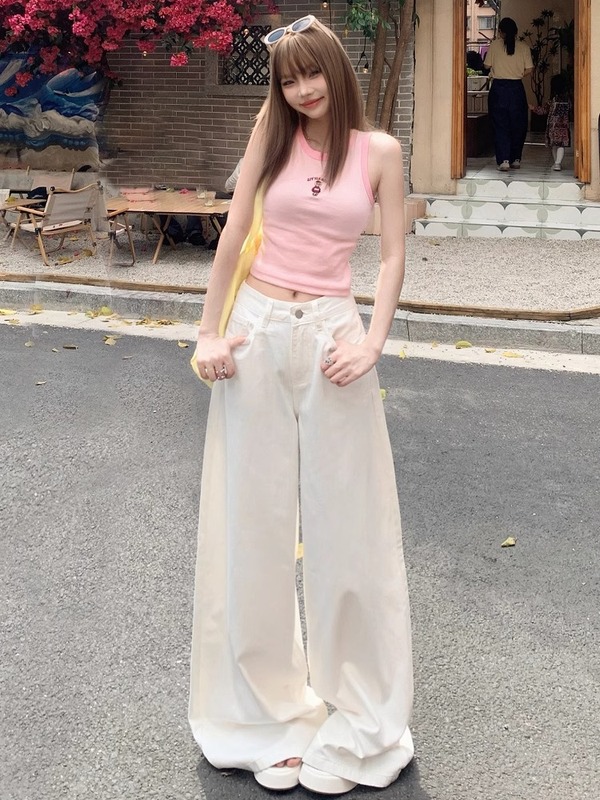 美式复古高腰黑茶白色宽松阔腿裤女春夏百搭垂感拖地裤牛仔裤子女|undefined