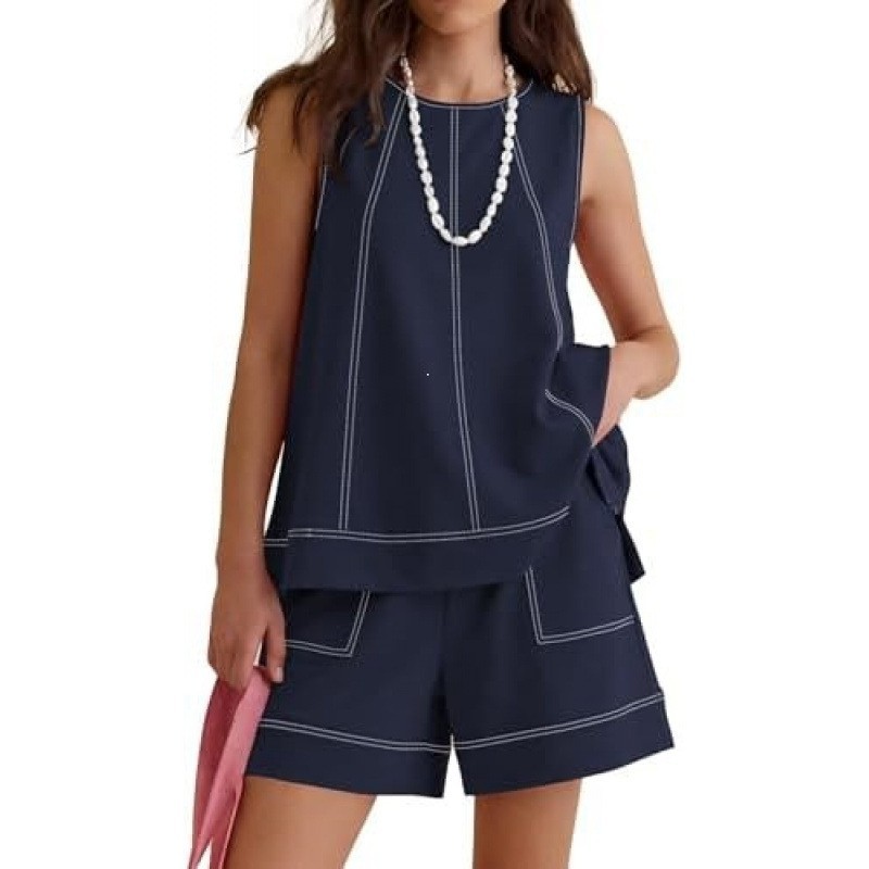 Cross-border Women's Two-piece Set For Summer, Featuring A Round-neck Sleeveless Tank Top And Drawstring Elastic Waist_ecoleips.com
