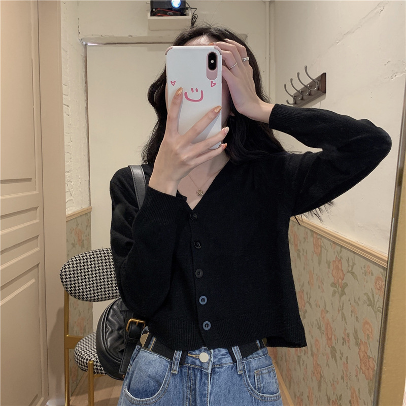 Early autumn new knitted cardigan, short Korean-style V-neck loose, long-sleeved thin sweater jacket for women's wear pic 29