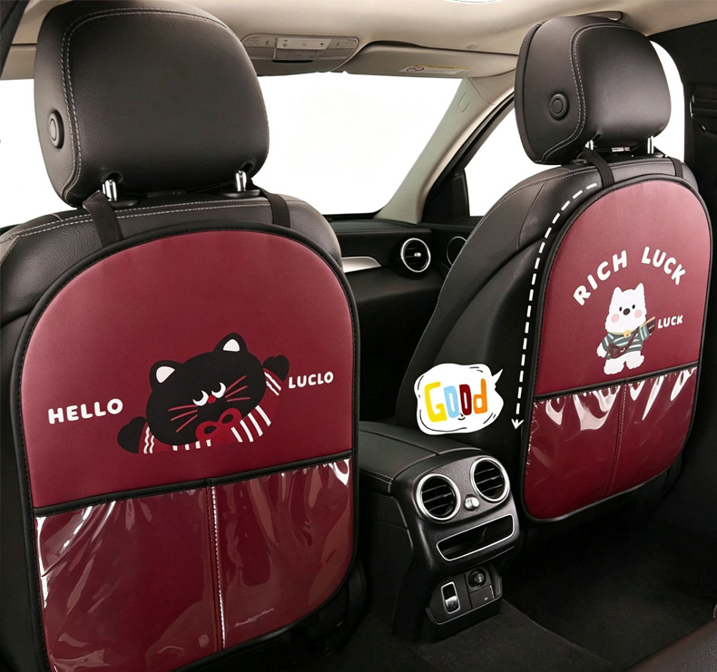 Women's Cute Cartoon Car Seat Back Anti-Kick Pad, Car Seat Back Anti-Stain Pad with Storage Strap