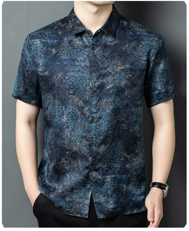 Áo sơ mi nam ngắn tay lụa Tang Silk phong cách Trung Hoa họa tiết vân sa — Xanh da trời26651 chi tiết 10