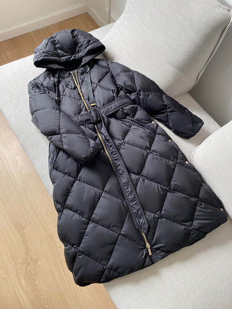 Women's Clothing Down jacket mid length hooded diamond belt high 90 white duck down loose Down Coat_voghion.com
