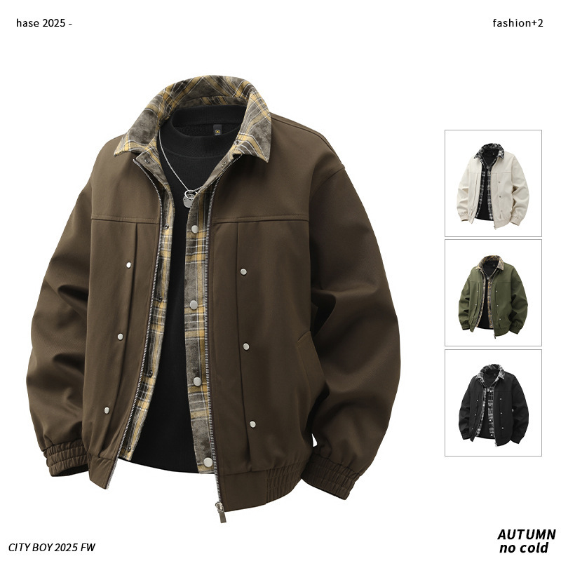 Spring and Autumn New Jacket Men's Top Loose Fake Two-Piece Windbreaker Men's Casual Men's Jacket Motorcycle Tooling Jacket Trendy