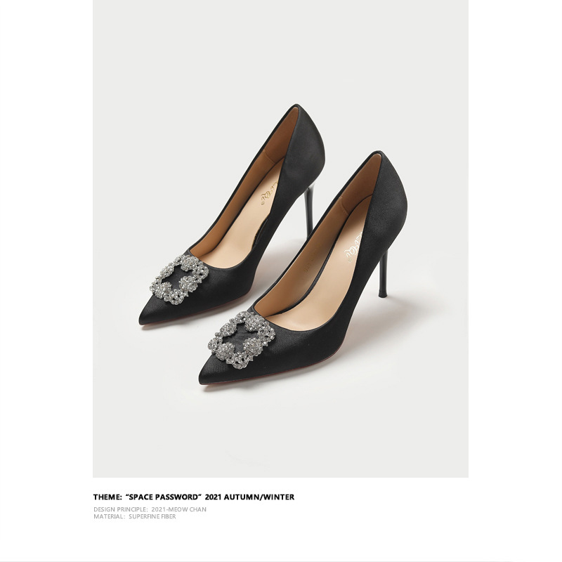 MB法式尖头水钻高跟鞋女气质高级不累脚2025新款细跟黑色职业单鞋