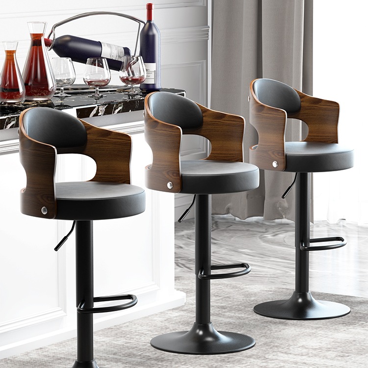 吧台椅升降实木靠背高脚凳子家用现代简约铁艺吧椅吧台凳前台椅J&