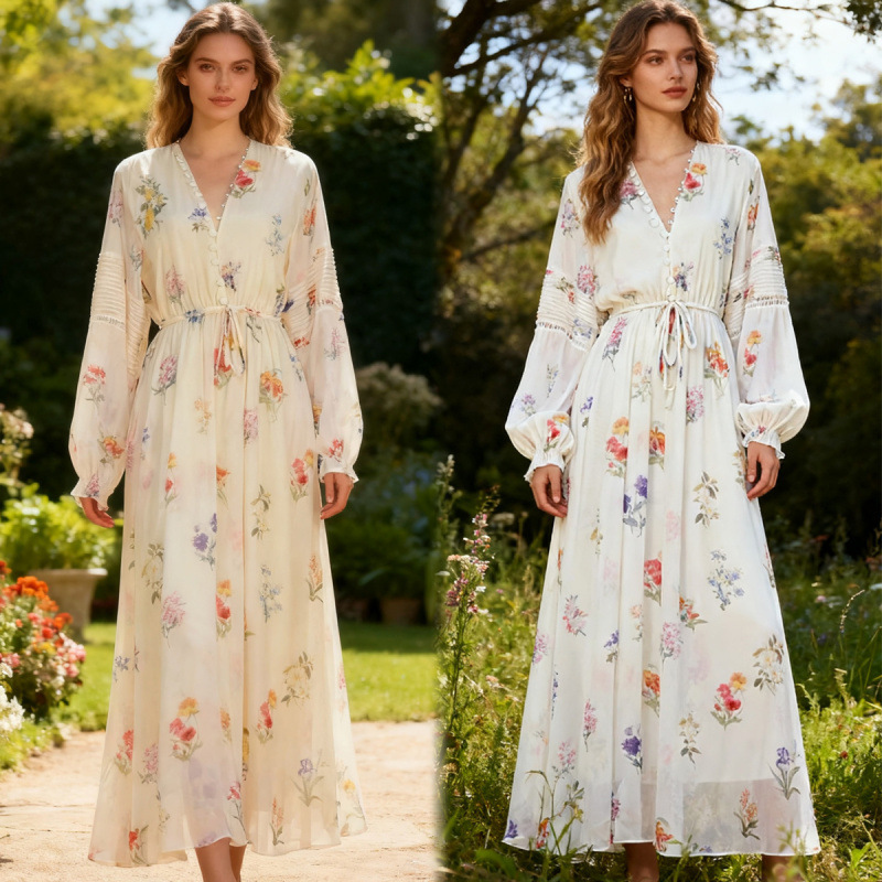 2026 Bohemian Resort Style New Printed Chiffon Pleated Design Patchwork Lace Long Elegant Dress