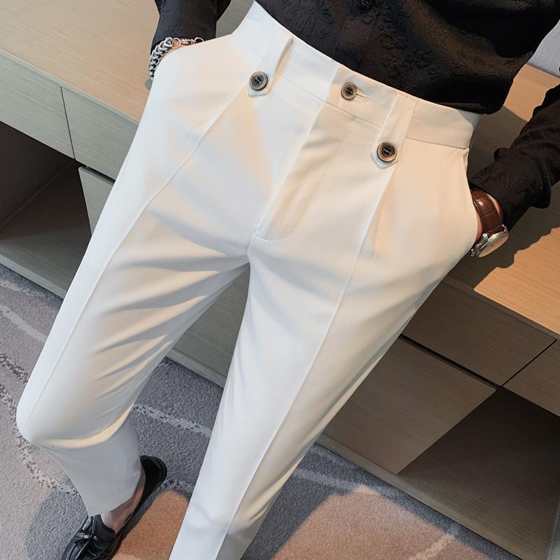 Otoño texturizado pantalones de traje de hombre flaco pantalones casuales pantalones de color sólido botón decorativo estilo coreano slim fit pantalones de moda hombres