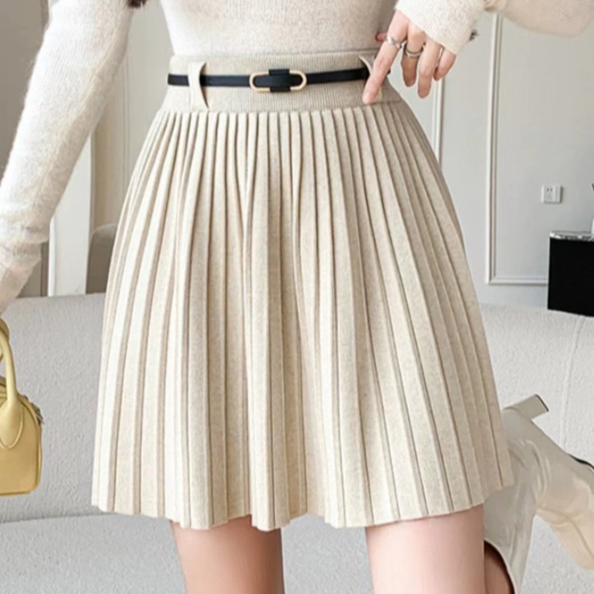 Abbigliamento donna Gonna plissettata vita alta linea a cintura stile gonna elastica sottile gonna corta lavorata a maglia_voghion.com