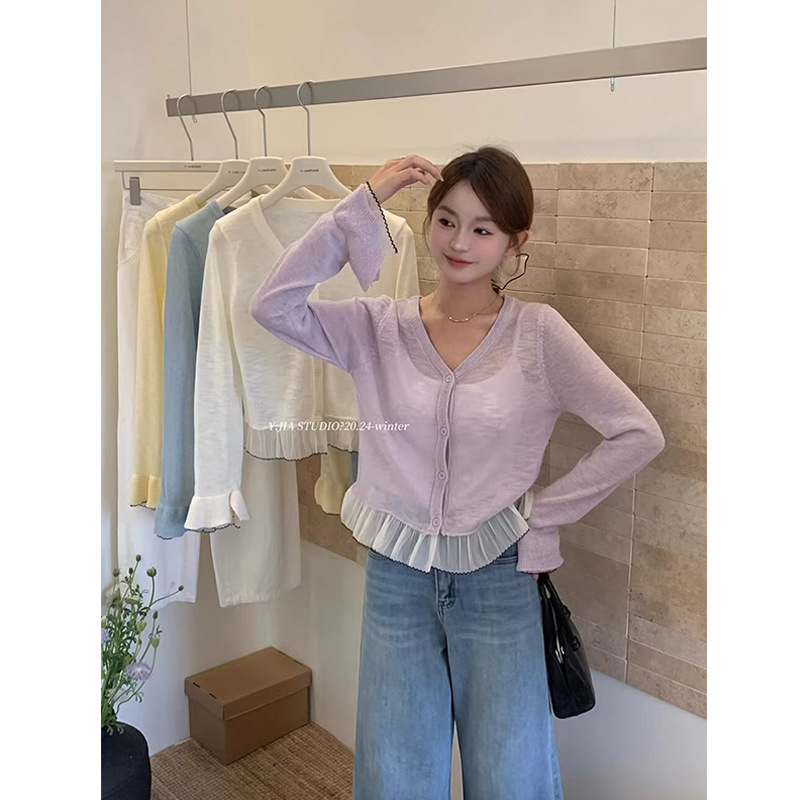 2025 New Summer Korean Style Women's Thin Tops V Neck Ruffled Lace Splicing Slightly Flared Knitwear Cardigan