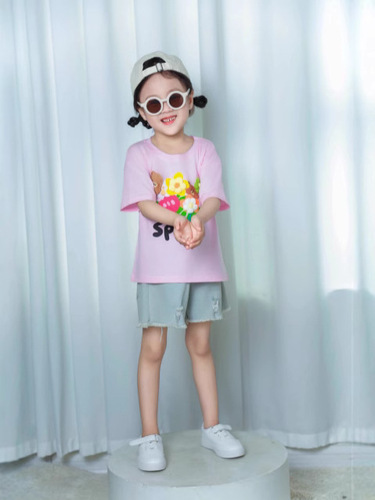 Summer new cotton children's short-sleeved T-shirt Korean men and girls 'round collar single top for small and medium-sized children's trendy base shirt