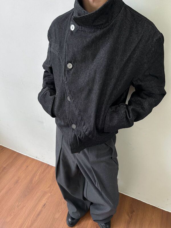 EME 弧形活页立领纽扣牛仔立体剪裁夹克多形态不规则剑道服外套|undefined